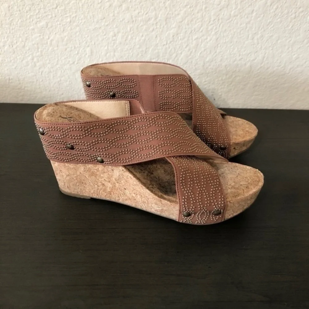 Lucky Brand Miller Brown Fabric Studs Cork Wedges